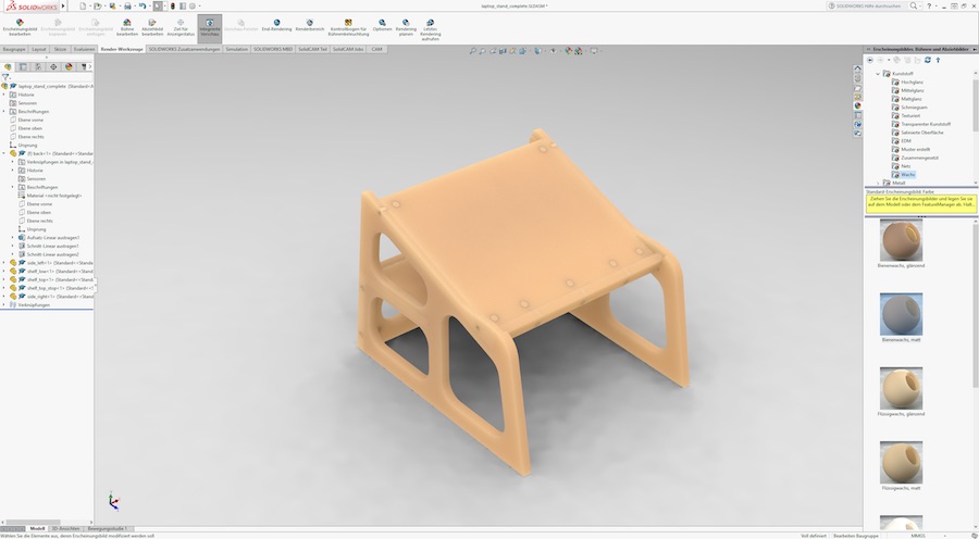 A 'beeswax' rendering of the laptop stand showing the screw holes inside