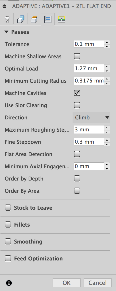 Editing the toolpath 'passes' settings