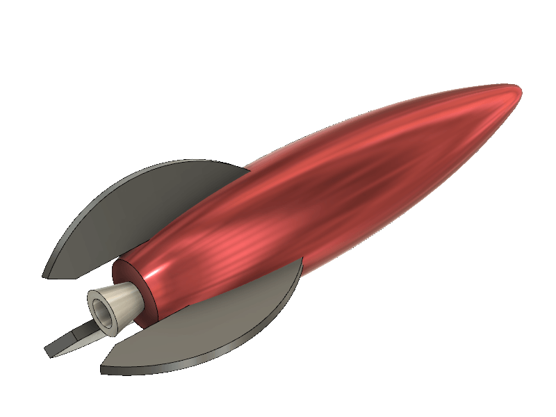 3D render of a retro style rocket, with metallic red finish on the fuselage. The rocket is posed as flying.