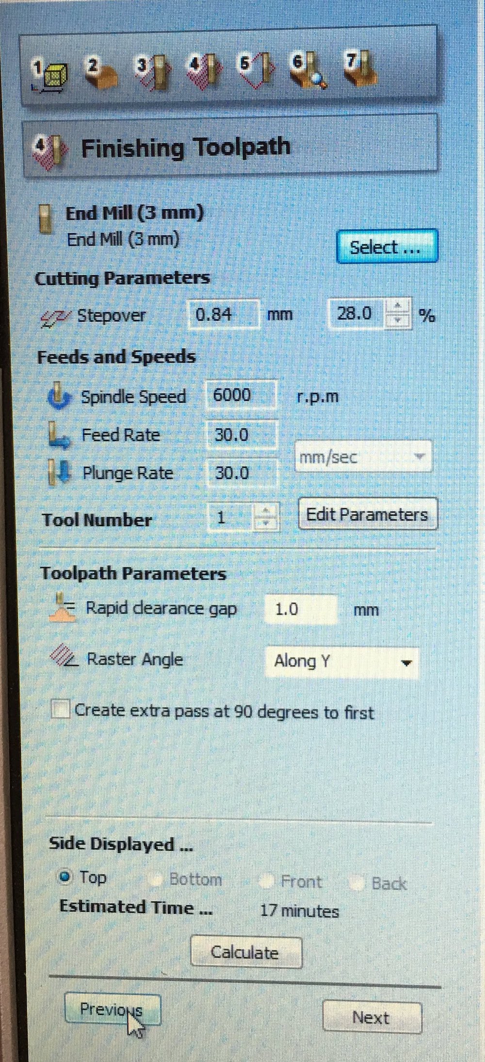 My used finishing toolpath settings